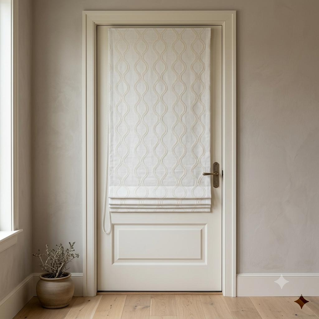 Off White Linen Roman Shade, Ivory Embroidered Ogee Trellis Blind, Custom Blackout Corded Window Treatment — image 4