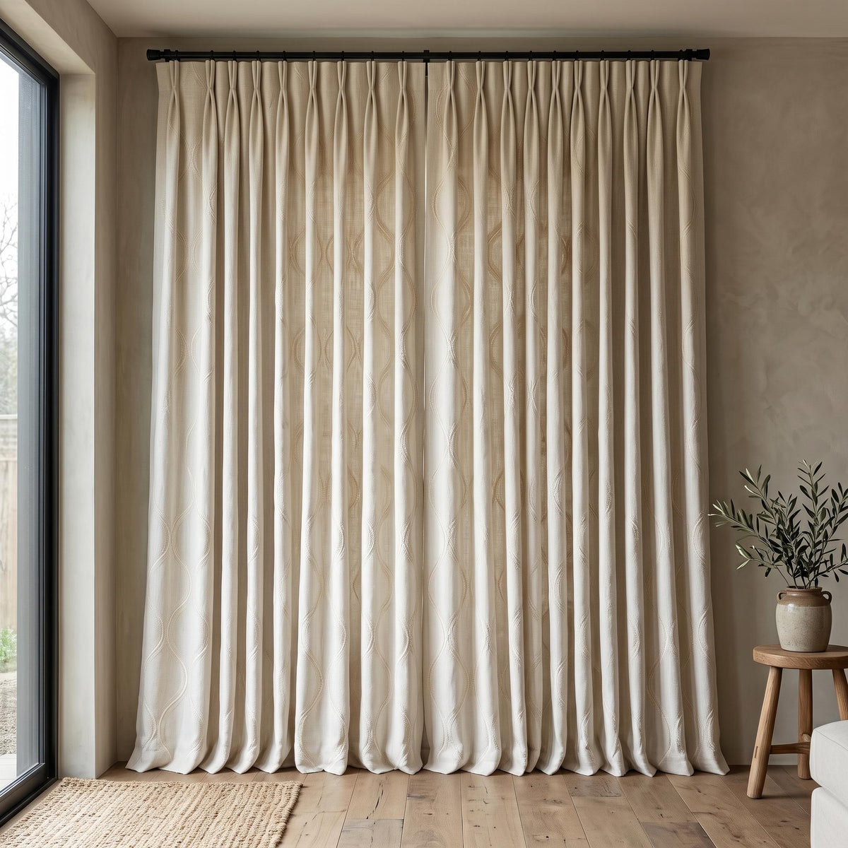 Ivory Linen Embroidered Curtains, Cream Beige Ogee Trellis Drapes, Custom Blackout Linen Curtain Panels — image 5