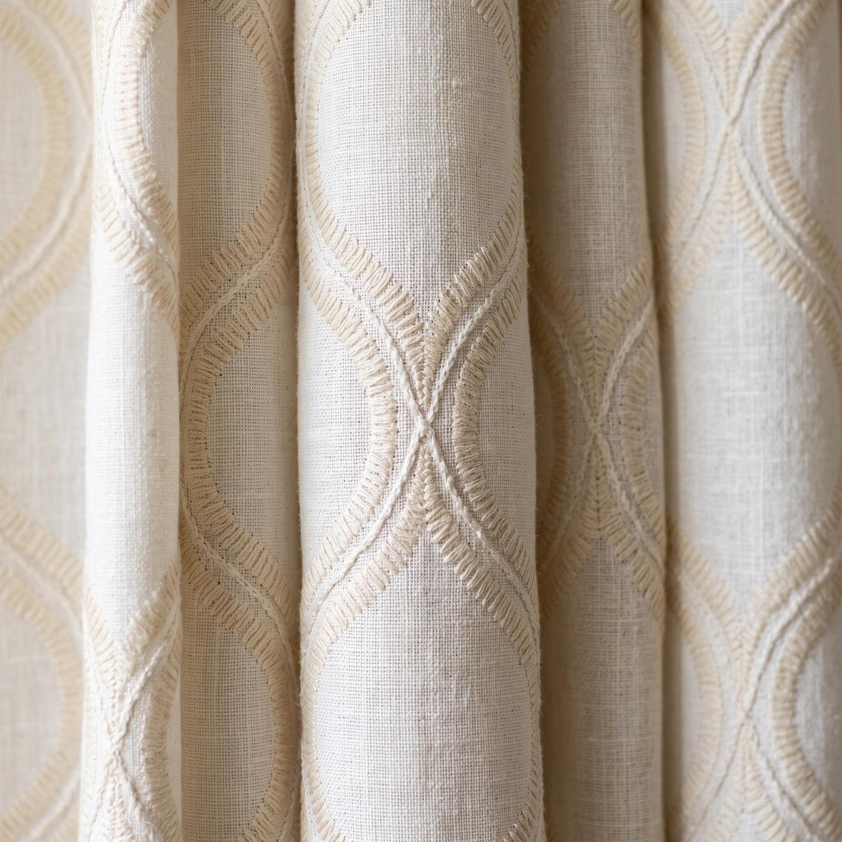Ivory Linen Embroidered Curtains, Cream Beige Ogee Trellis Drapes, Custom Blackout Linen Curtain Panels — image 7