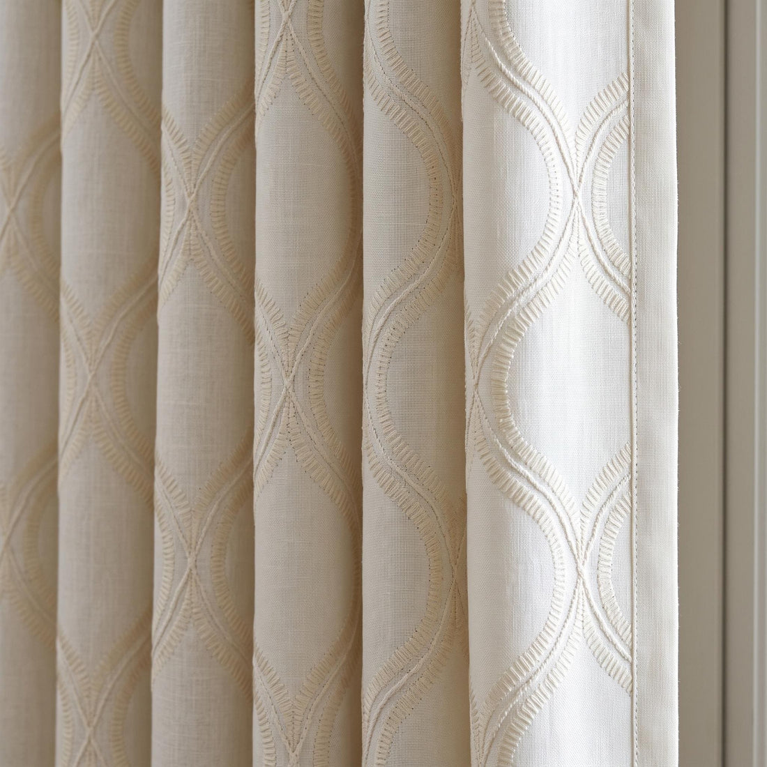Ivory Linen Embroidered Curtains, Cream Beige Ogee Trellis Drapes, Custom Blackout Linen Curtain Panels — image 1