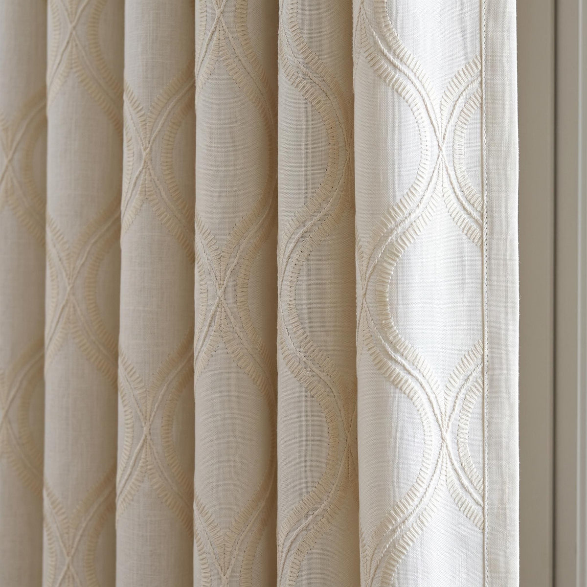 Ivory Linen Embroidered Curtains, Cream Beige Ogee Trellis Drapes, Custom Blackout Linen Curtain Panels — image 1