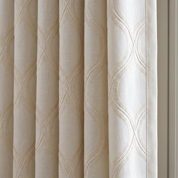 Ivory Linen Embroidered Curtains, Cream Beige Ogee Trellis Drapes, Custom Blackout Linen Curtain Panels — image 1