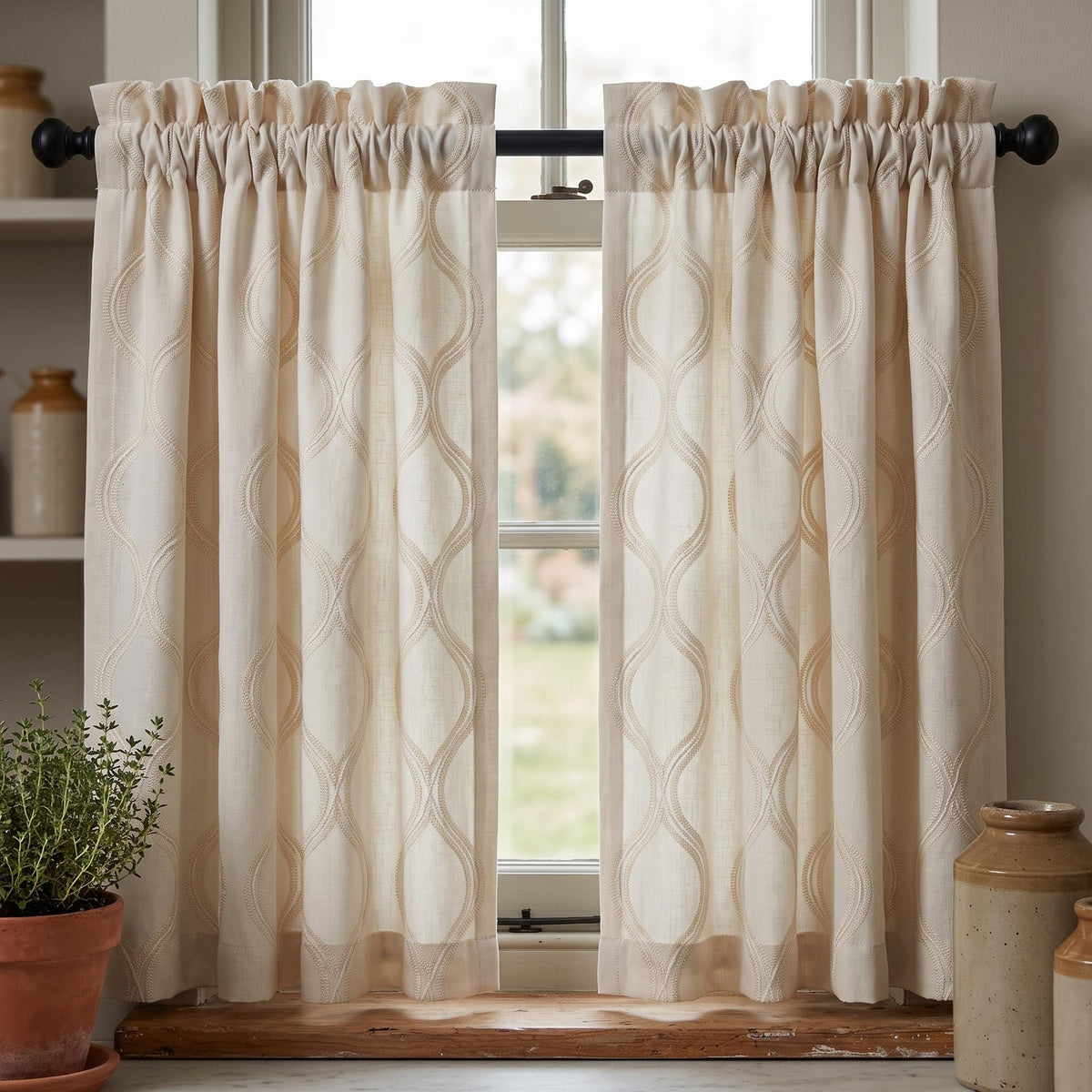 Ivory Linen Embroidered Curtains, Cream Beige Ogee Trellis Drapes, Custom Blackout Linen Curtain Panels — image 8