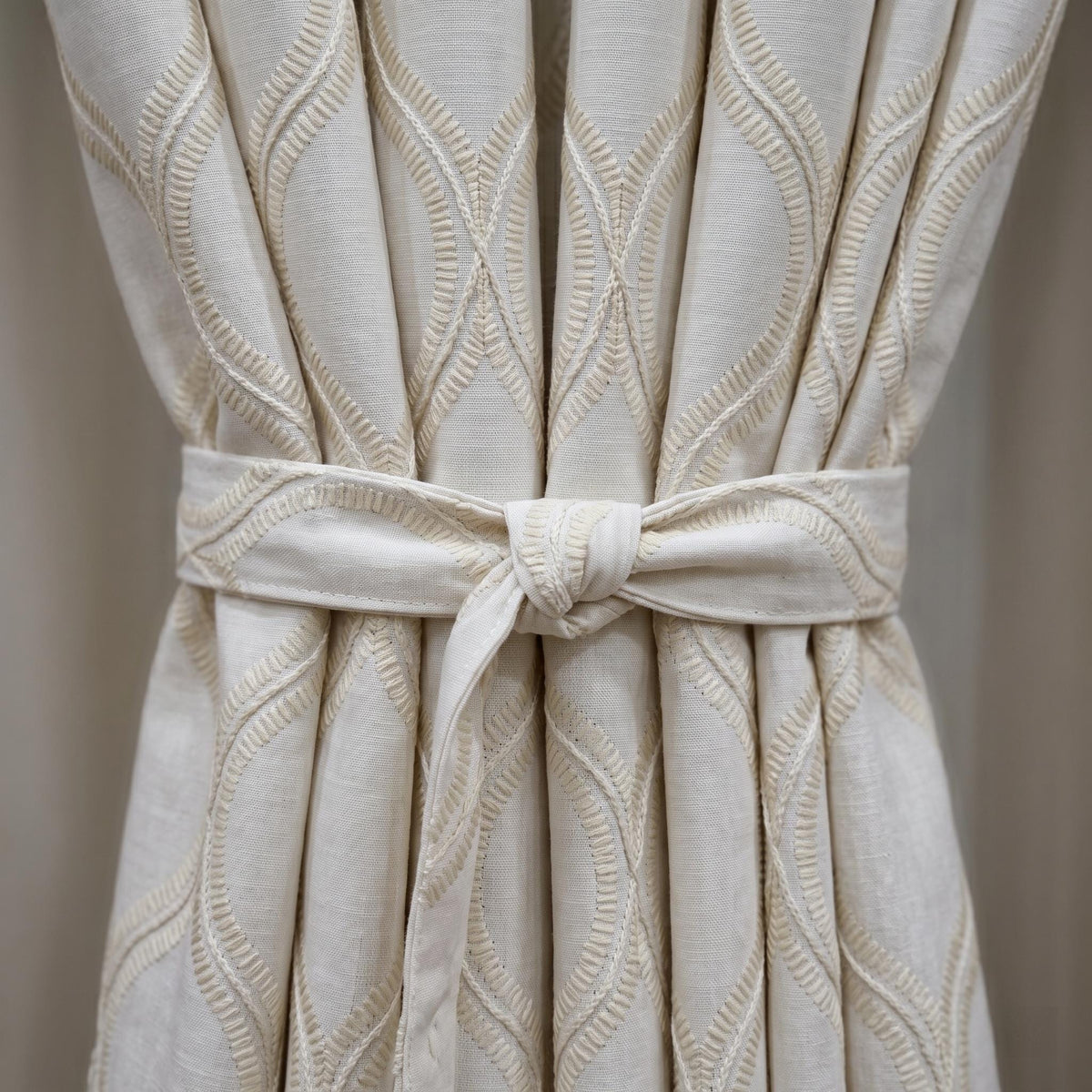 Ivory Linen Embroidered Curtains, Cream Beige Ogee Trellis Drapes, Custom Blackout Linen Curtain Panels — image 2