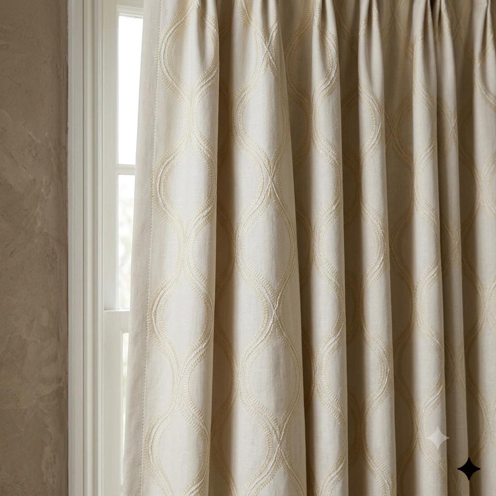 Ivory Linen Embroidered Curtains, Cream Beige Ogee Trellis Drapes, Custom Blackout Linen Curtain Panels — image 9