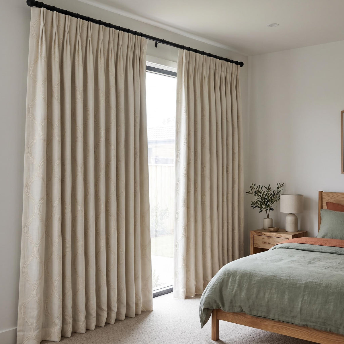 Ivory Linen Embroidered Curtains, Cream Beige Ogee Trellis Drapes, Custom Blackout Linen Curtain Panels — image 6