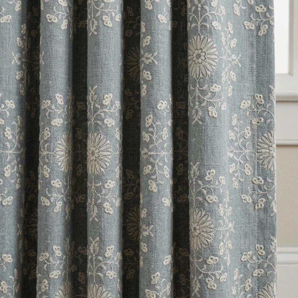 Blue Gray Linen Embroidered Curtains, Ivory Floral Botanical Drapes, Custom Blackout Farmhouse Curtain Panels — image 1
