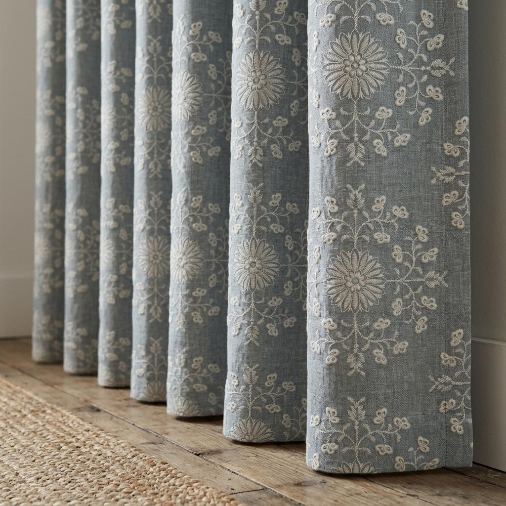 Blue Gray Linen Embroidered Curtains, Ivory Floral Botanical Drapes, Custom Blackout Farmhouse Curtain Panels — image 9
