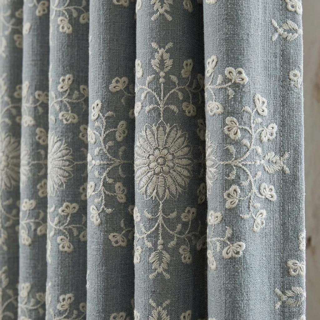 Blue Gray Linen Embroidered Curtains, Ivory Floral Botanical Drapes, Custom Blackout Farmhouse Curtain Panels — image 6