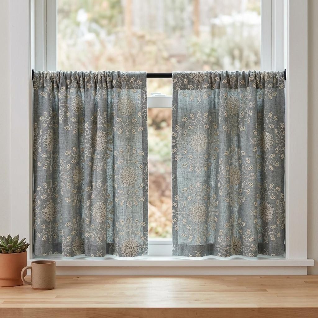 Blue Gray Linen Embroidered Curtains, Ivory Floral Botanical Drapes, Custom Blackout Farmhouse Curtain Panels — image 8