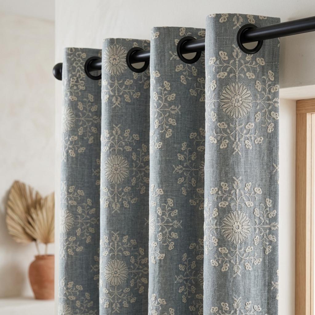 Blue Gray Linen Embroidered Curtains, Ivory Floral Botanical Drapes, Custom Blackout Farmhouse Curtain Panels — image 1