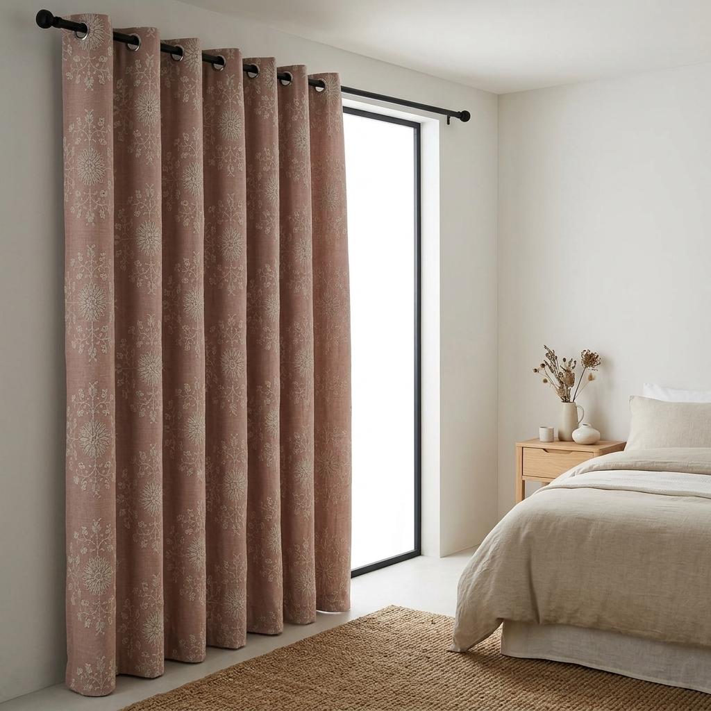 Blush Pink Linen Embroidered Curtains, Ivory Floral Medallion Drapes, Custom Blackout Farmhouse Curtain Panels — image 3