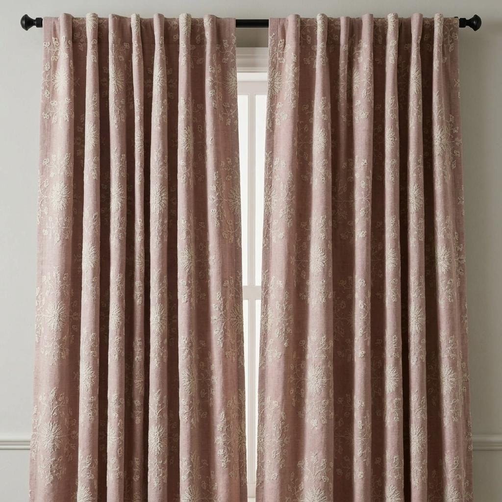 Blush Pink Linen Embroidered Curtains, Ivory Floral Medallion Drapes, Custom Blackout Farmhouse Curtain Panels — image 10