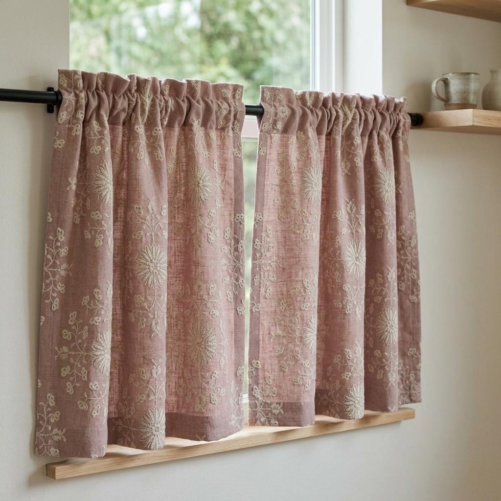 Blush Pink Linen Embroidered Curtains, Ivory Floral Medallion Drapes, Custom Blackout Farmhouse Curtain Panels — image 7