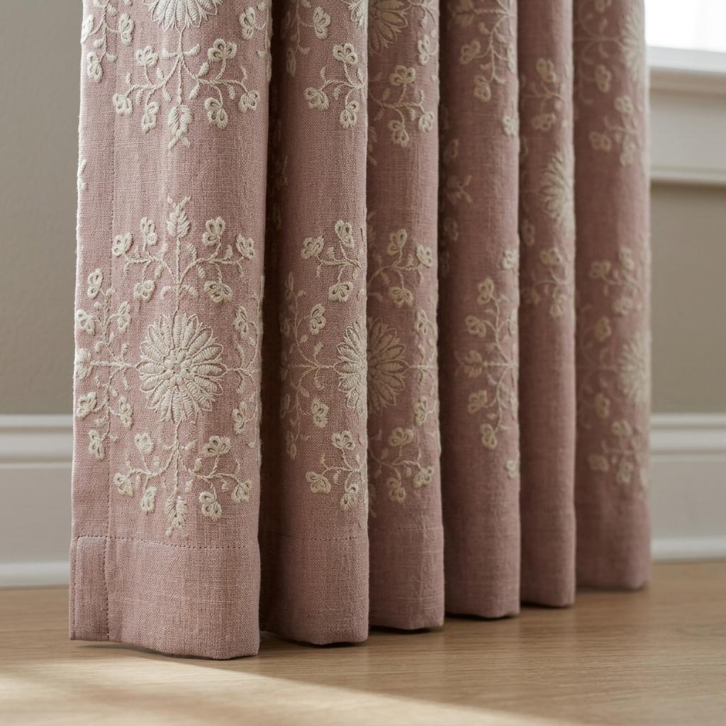 Blush Pink Linen Embroidered Curtains, Ivory Floral Medallion Drapes, Custom Blackout Farmhouse Curtain Panels — image 5