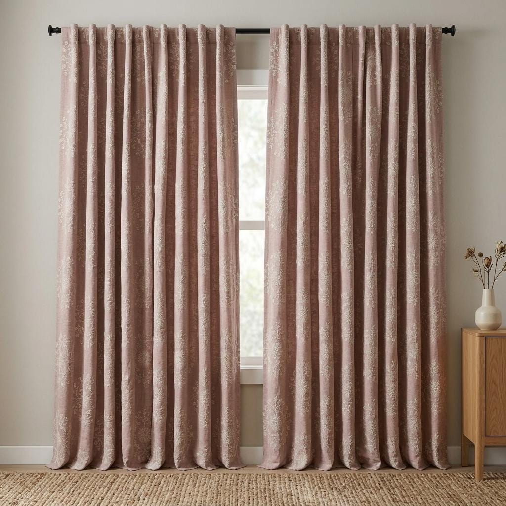 Blush Pink Linen Embroidered Curtains, Ivory Floral Medallion Drapes, Custom Blackout Farmhouse Curtain Panels — image 6