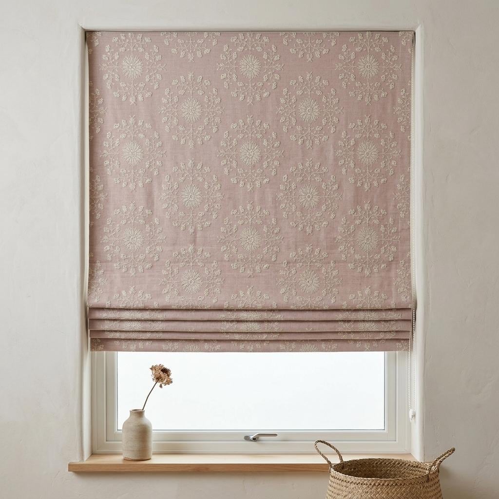 Blush Pink Linen Roman Shade, Ivory Embroidered Floral Medallion Blind, Custom Blackout Corded Window Treatment — image 1