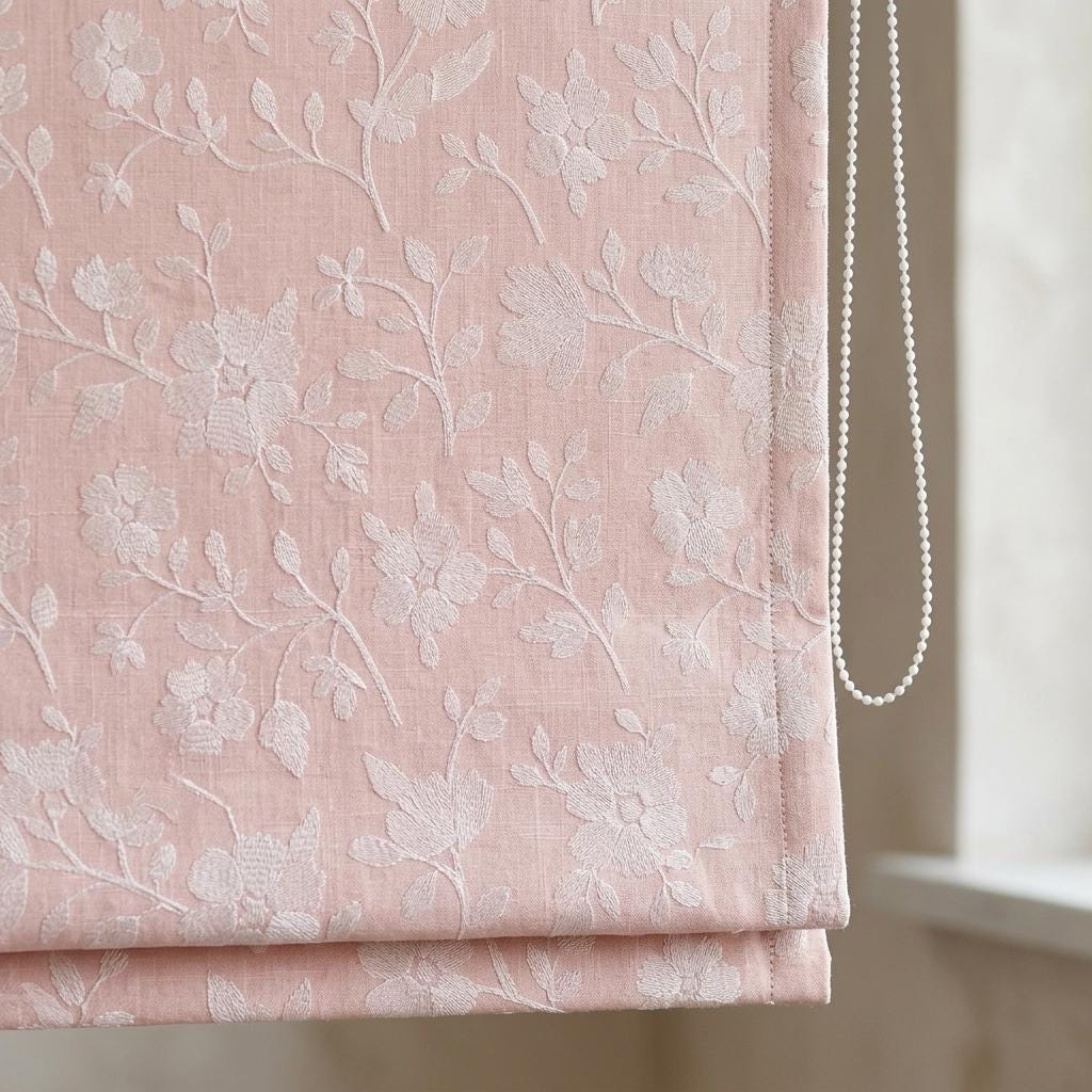 Custom Roman Shades, Blush Pink Linen Roman Blind, Ivory Floral Embroidered Window Treatment, Blackout or Cotton Lined — image 3