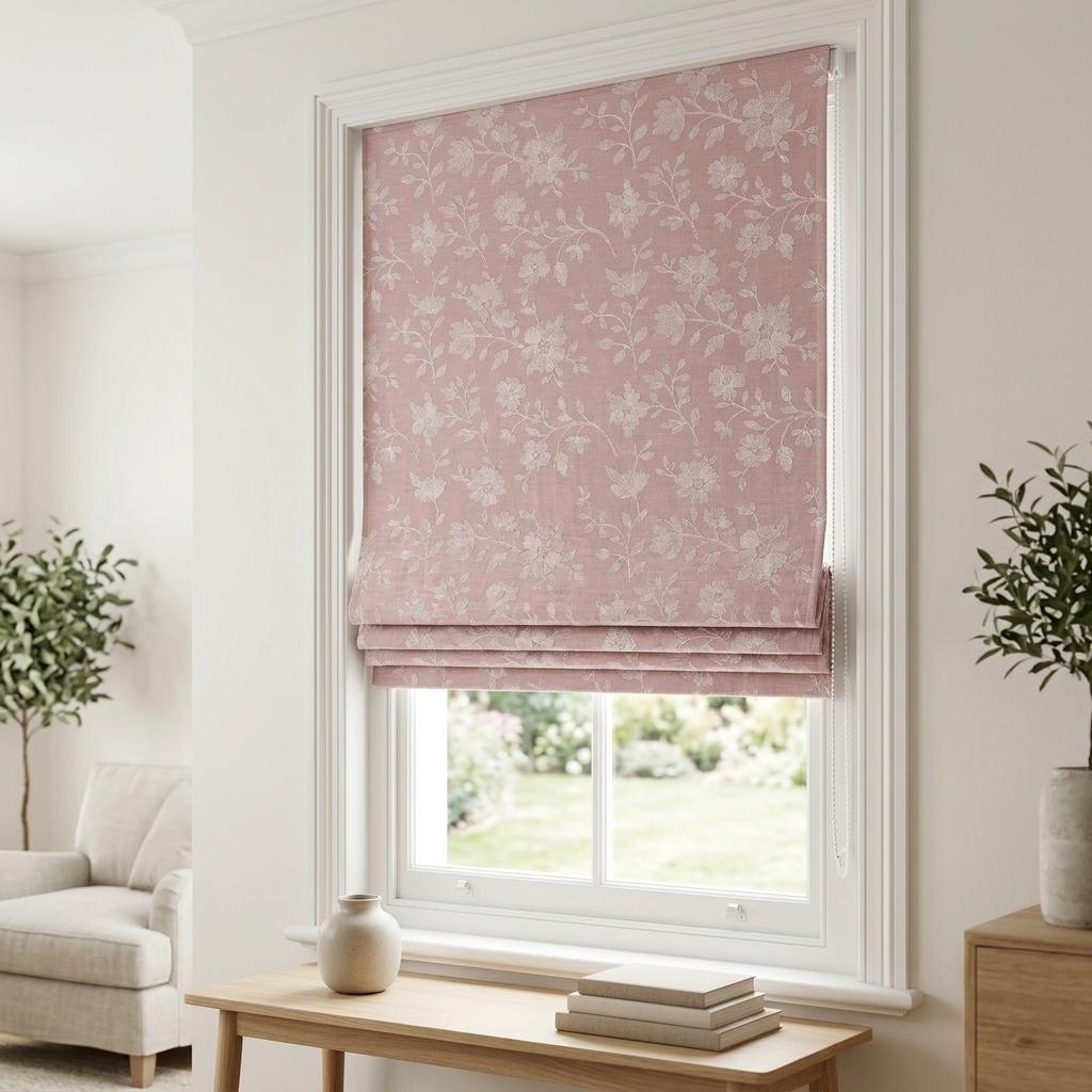 Custom Roman Shades, Blush Pink Linen Roman Blind, Ivory Floral Embroidered Window Treatment, Blackout or Cotton Lined — image 2