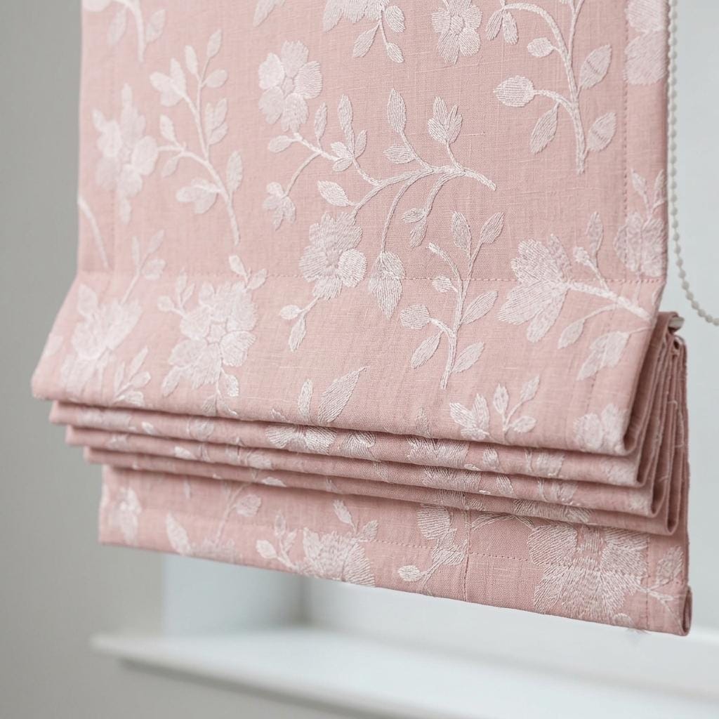 Custom Roman Shades, Blush Pink Linen Roman Blind, Ivory Floral Embroidered Window Treatment, Blackout or Cotton Lined — image 8