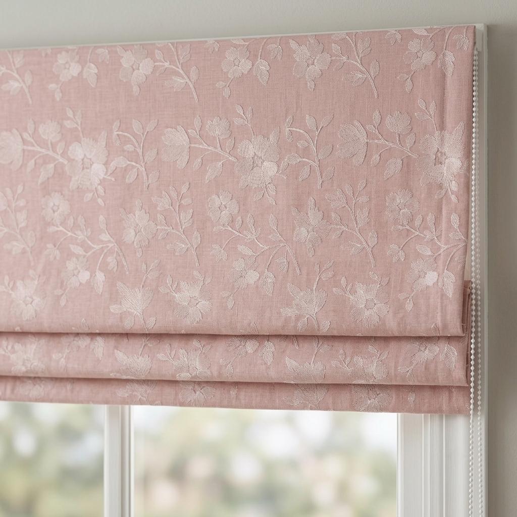 Custom Roman Shades, Blush Pink Linen Roman Blind, Ivory Floral Embroidered Window Treatment, Blackout or Cotton Lined — image 7