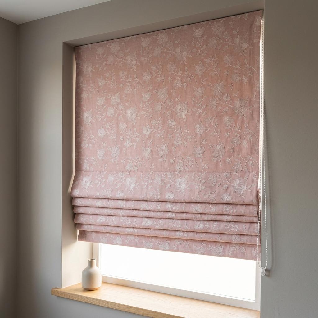 Custom Roman Shades, Blush Pink Linen Roman Blind, Ivory Floral Embroidered Window Treatment, Blackout or Cotton Lined — image 4