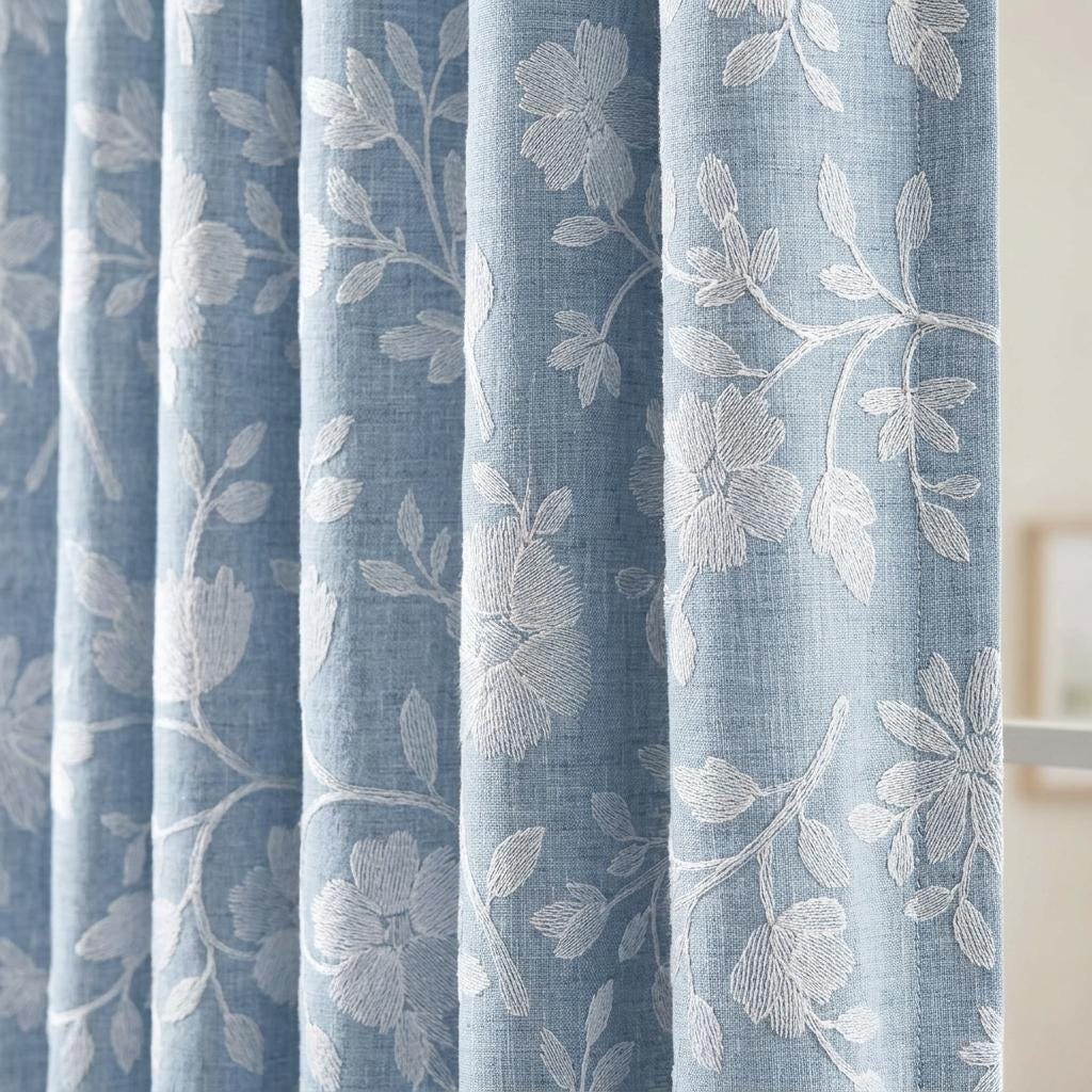 Powder Blue Linen Curtains, Ivory Floral Embroidered Drapes, Custom Blackout Cafe Kitchen Living Room Panels — image 1