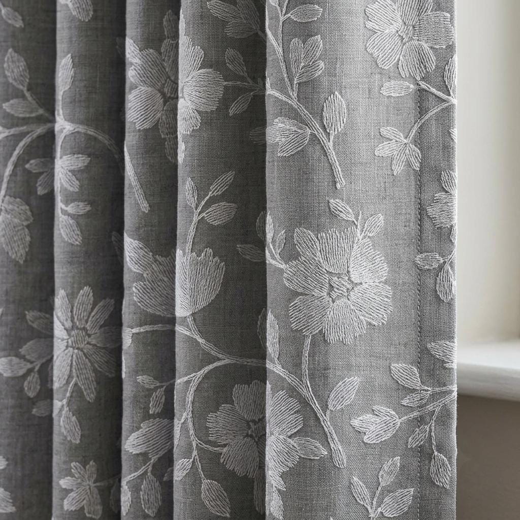 Gray Linen Curtains, Ivory Floral Embroidered Drapes, Custom Blackout Cafe Kitchen Living Room Panels — image 1
