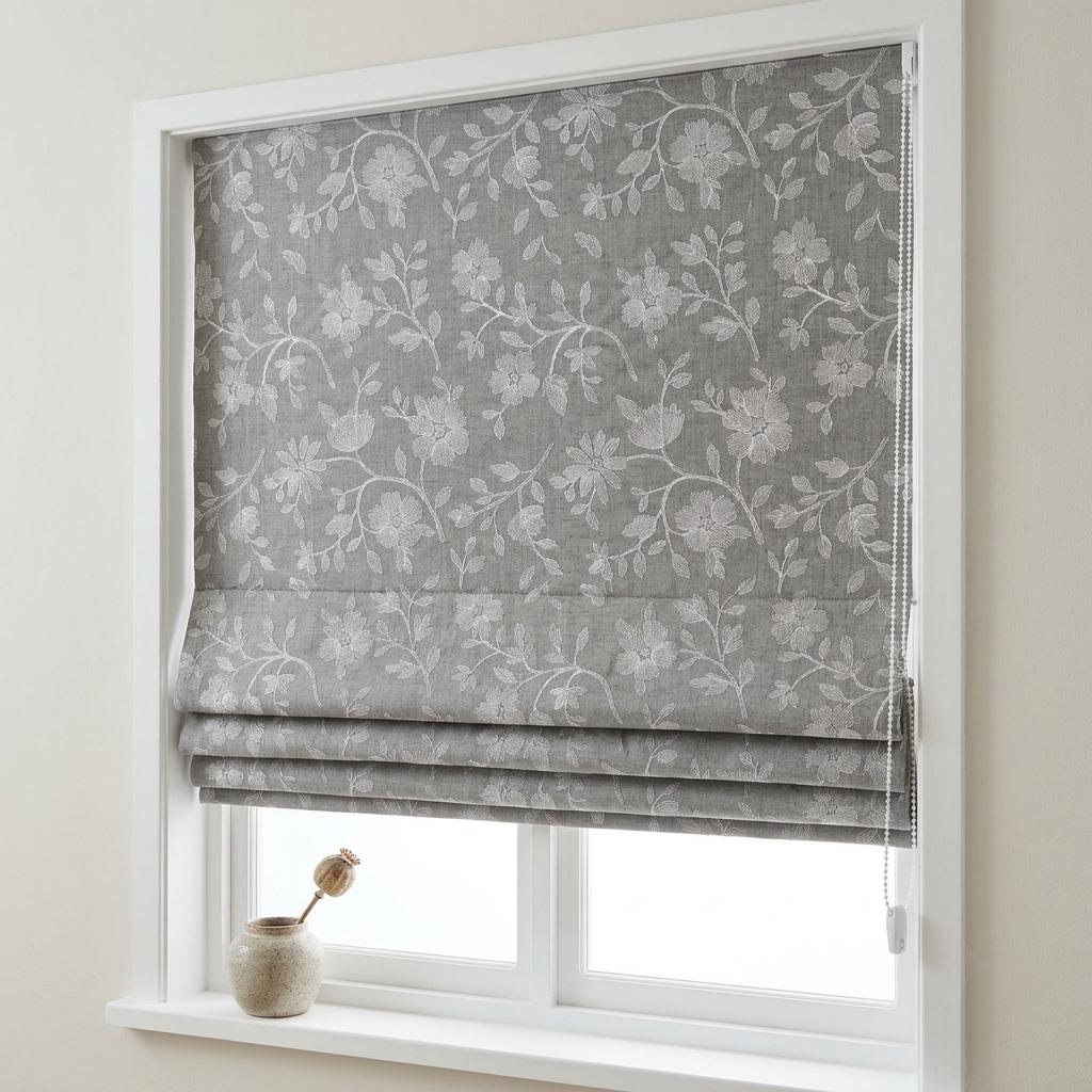 Custom Roman Shades, Dove Gray Linen Roman Blind, Ivory Floral Embroidered Window Treatment, Blackout or Cotton Lined — image 2