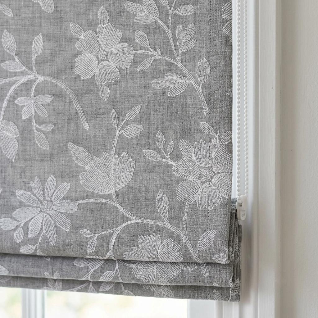 Custom Roman Shades, Dove Gray Linen Roman Blind, Ivory Floral Embroidered Window Treatment, Blackout or Cotton Lined — image 3