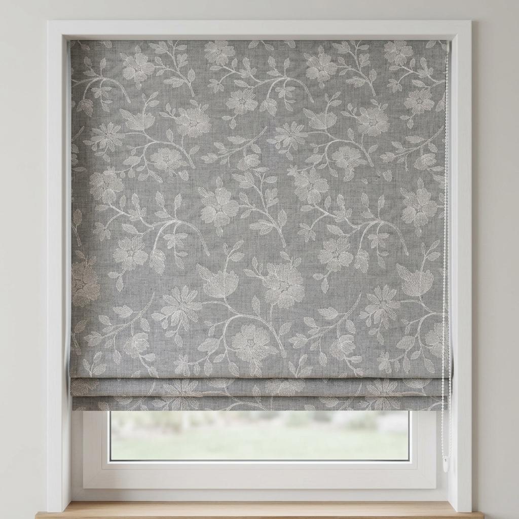 Custom Roman Shades, Dove Gray Linen Roman Blind, Ivory Floral Embroidered Window Treatment, Blackout or Cotton Lined — image 4