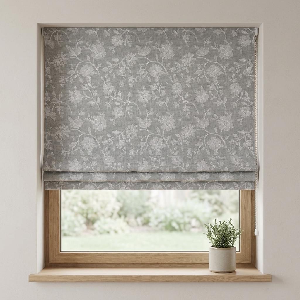 Custom Roman Shades, Dove Gray Linen Roman Blind, Ivory Floral Embroidered Window Treatment, Blackout or Cotton Lined — image 7