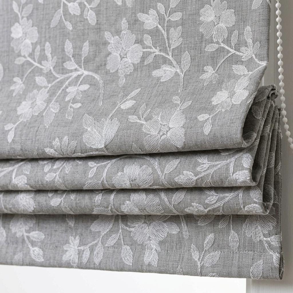 Custom Roman Shades, Dove Gray Linen Roman Blind, Ivory Floral Embroidered Window Treatment, Blackout or Cotton Lined — image 1