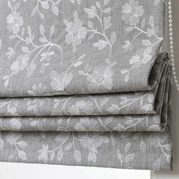 Custom Roman Shades, Dove Gray Linen Roman Blind, Ivory Floral Embroidered Window Treatment, Blackout or Cotton Lined — image 1
