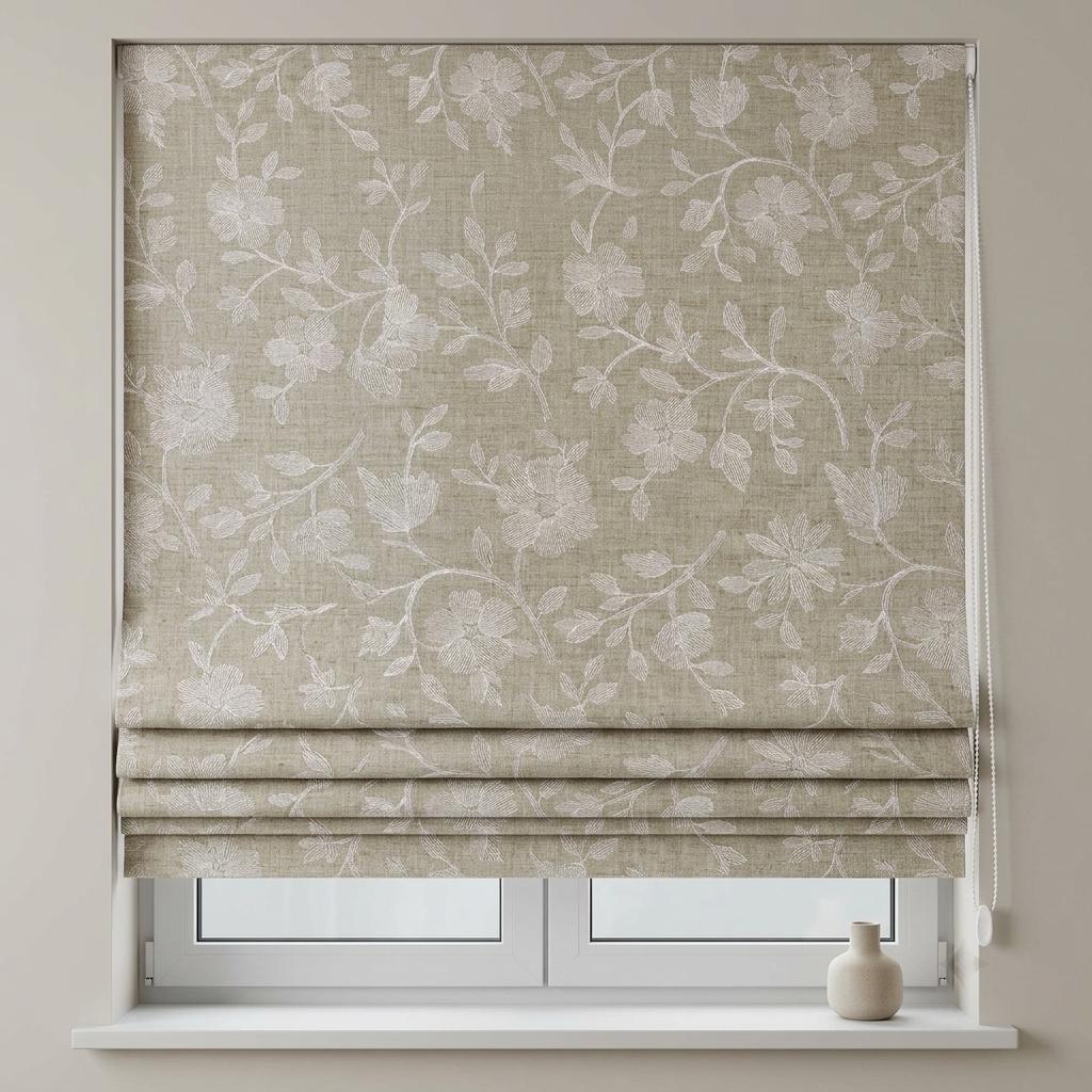 Custom Roman Shades, Natural Beige Linen Roman Blind, Ivory Floral Embroidered Window Treatment, Blackout or Cotton Lined — image 8