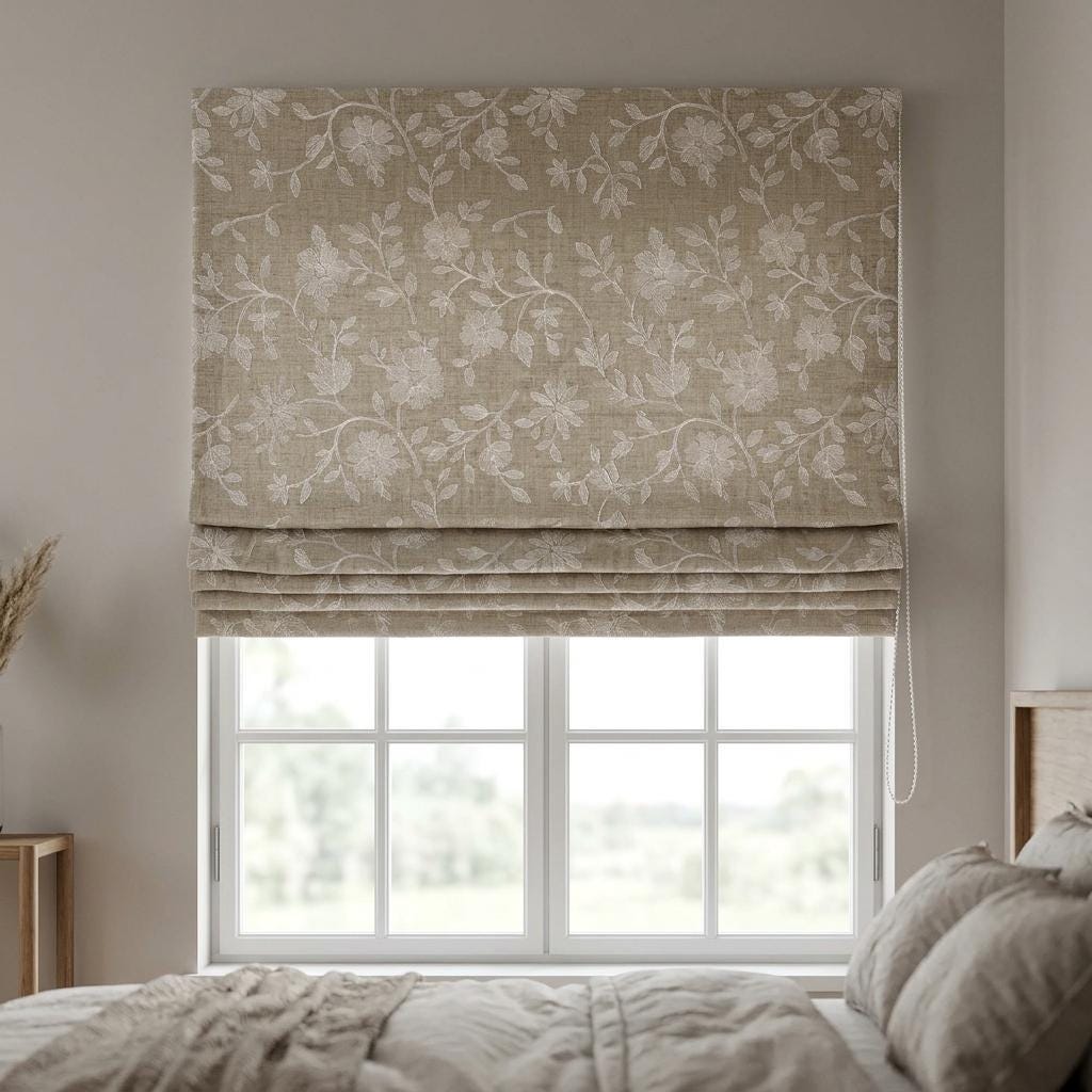 Custom Roman Shades, Natural Beige Linen Roman Blind, Ivory Floral Embroidered Window Treatment, Blackout or Cotton Lined — image 3