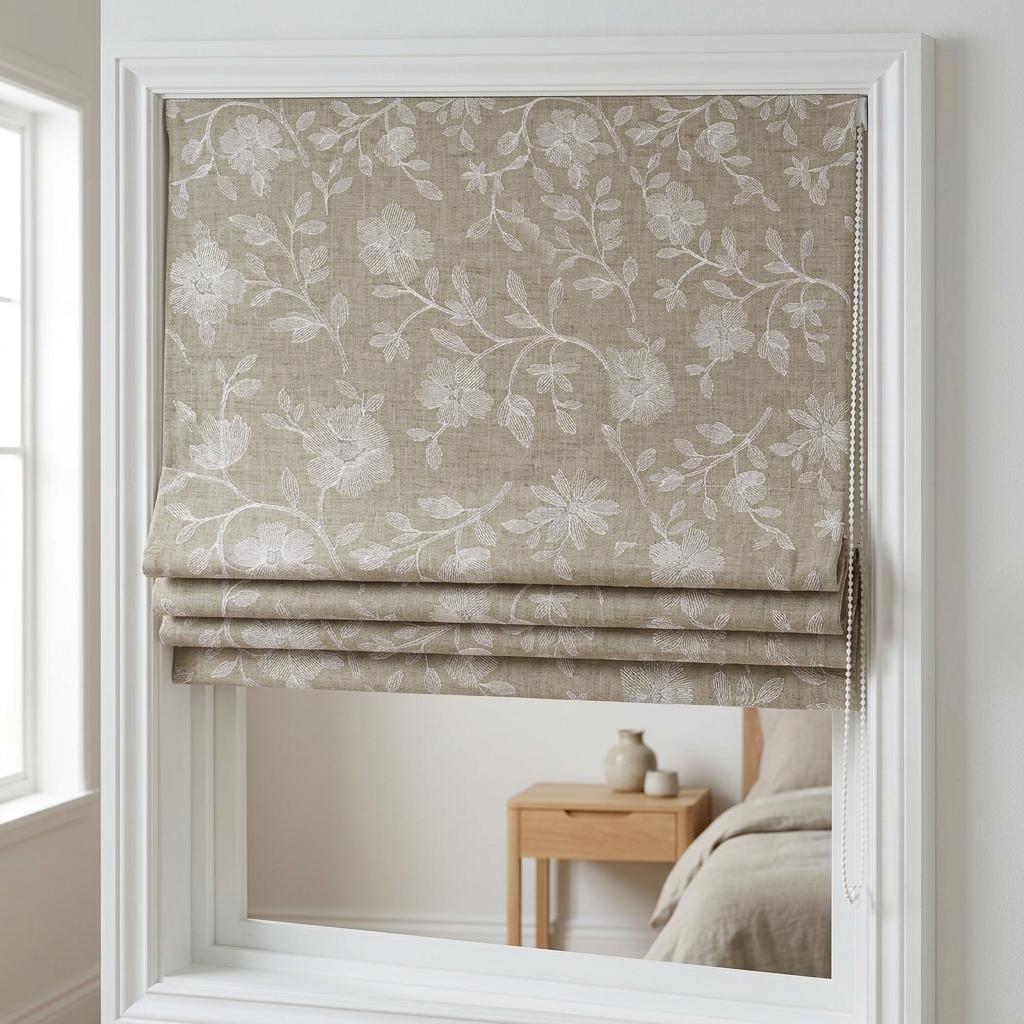 Custom Roman Shades, Natural Beige Linen Roman Blind, Ivory Floral Embroidered Window Treatment, Blackout or Cotton Lined — image 4
