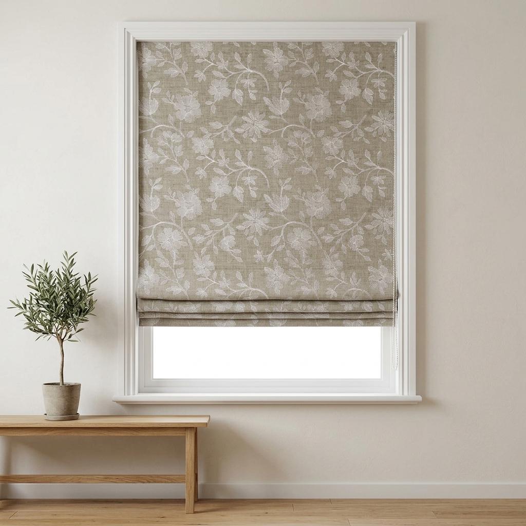 Custom Roman Shades, Natural Beige Linen Roman Blind, Ivory Floral Embroidered Window Treatment, Blackout or Cotton Lined — image 2