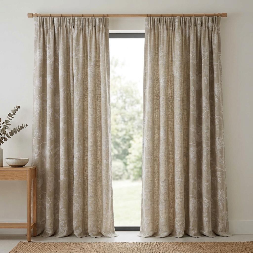 Natural Beige Linen Curtains, Ivory Floral Embroidered Drapes, Custom Blackout Cafe Kitchen Living Room Panels — image 9
