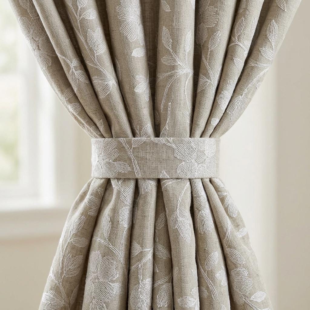 Natural Beige Linen Curtains, Ivory Floral Embroidered Drapes, Custom Blackout Cafe Kitchen Living Room Panels — image 5