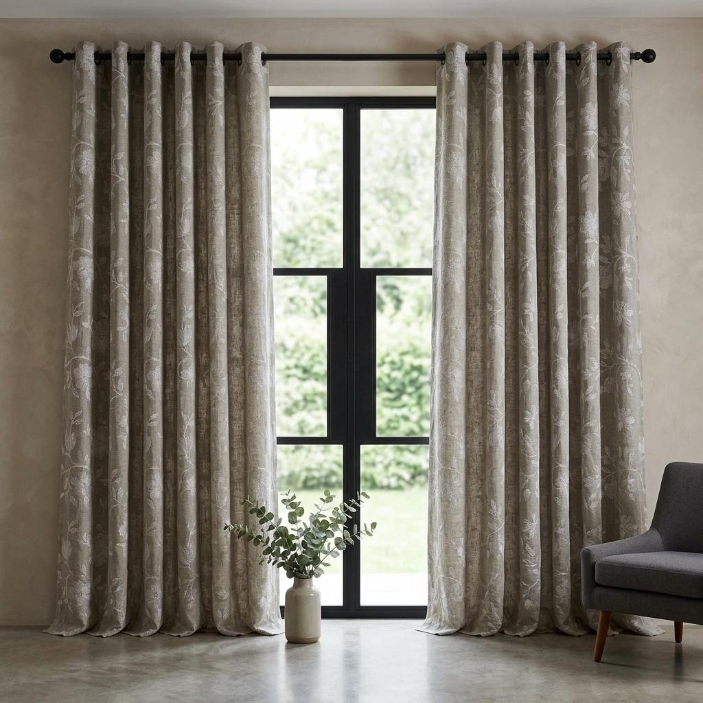Natural Beige Linen Curtains, Ivory Floral Embroidered Drapes, Custom Blackout Cafe Kitchen Living Room Panels — image 4
