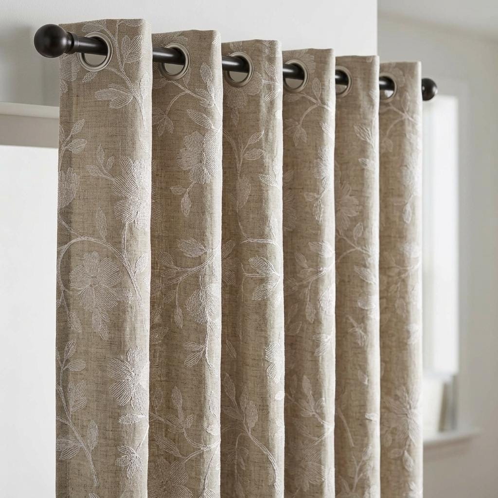 Natural Beige Linen Curtains, Ivory Floral Embroidered Drapes, Custom Blackout Cafe Kitchen Living Room Panels — image 6