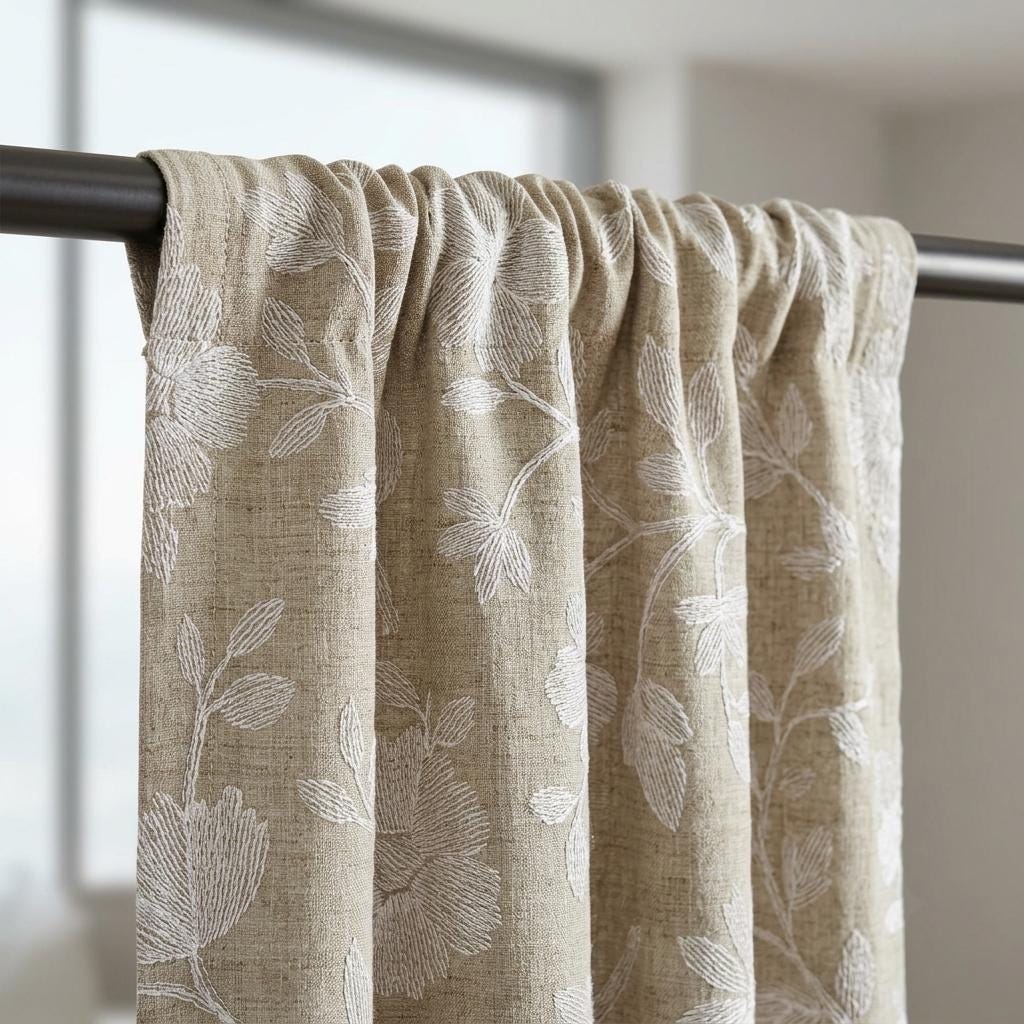 Natural Beige Linen Curtains, Ivory Floral Embroidered Drapes, Custom Blackout Cafe Kitchen Living Room Panels — image 7
