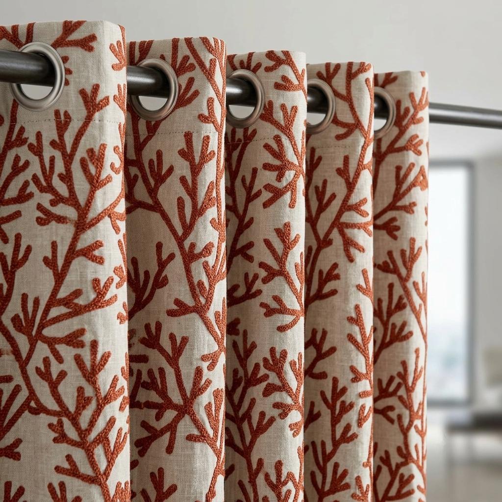 Rust Coral Linen Curtains, Natural Beige Embroidered Drapes, Custom Blackout Cafe Kitchen Living Room Panels — image 3
