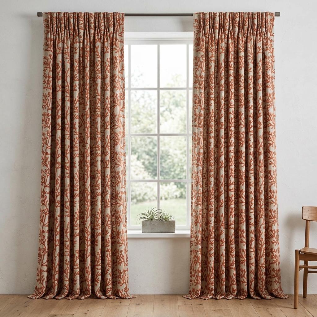 Rust Coral Linen Curtains, Natural Beige Embroidered Drapes, Custom Blackout Cafe Kitchen Living Room Panels — image 6
