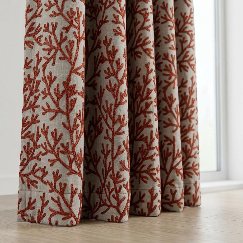 Rust Coral Linen Curtains, Natural Beige Embroidered Drapes, Custom Blackout Cafe Kitchen Living Room Panels — image 7