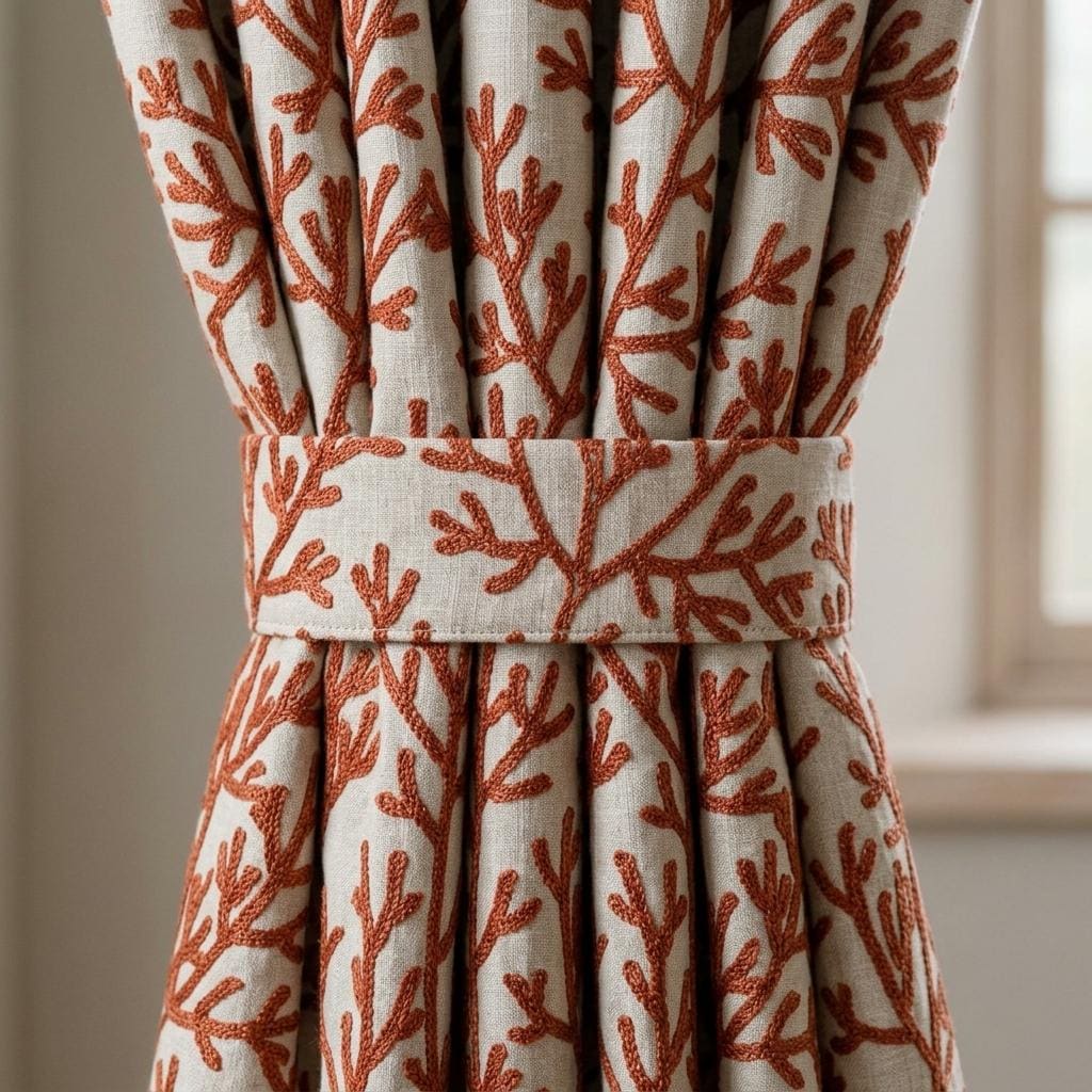 Rust Coral Linen Curtains, Natural Beige Embroidered Drapes, Custom Blackout Cafe Kitchen Living Room Panels — image 1