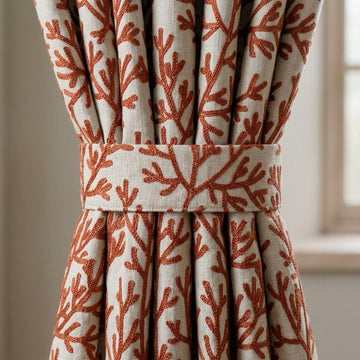 Rust Coral Linen Curtains, Natural Beige Embroidered Drapes, Custom Blackout Cafe Kitchen Living Room Panels — image 1