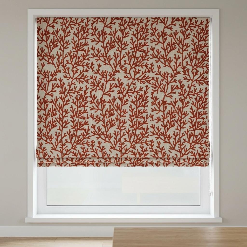 Custom Roman Shades, Natural Beige Linen Roman Blind, Rust Terracotta Coral Embroidered Window Treatment, Blackout or Cotton Lined — image 6