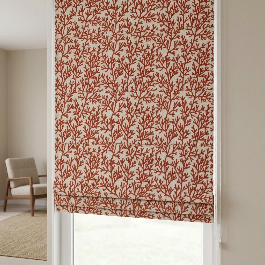 Custom Roman Shades, Natural Beige Linen Roman Blind, Rust Terracotta Coral Embroidered Window Treatment, Blackout or Cotton Lined — image 4